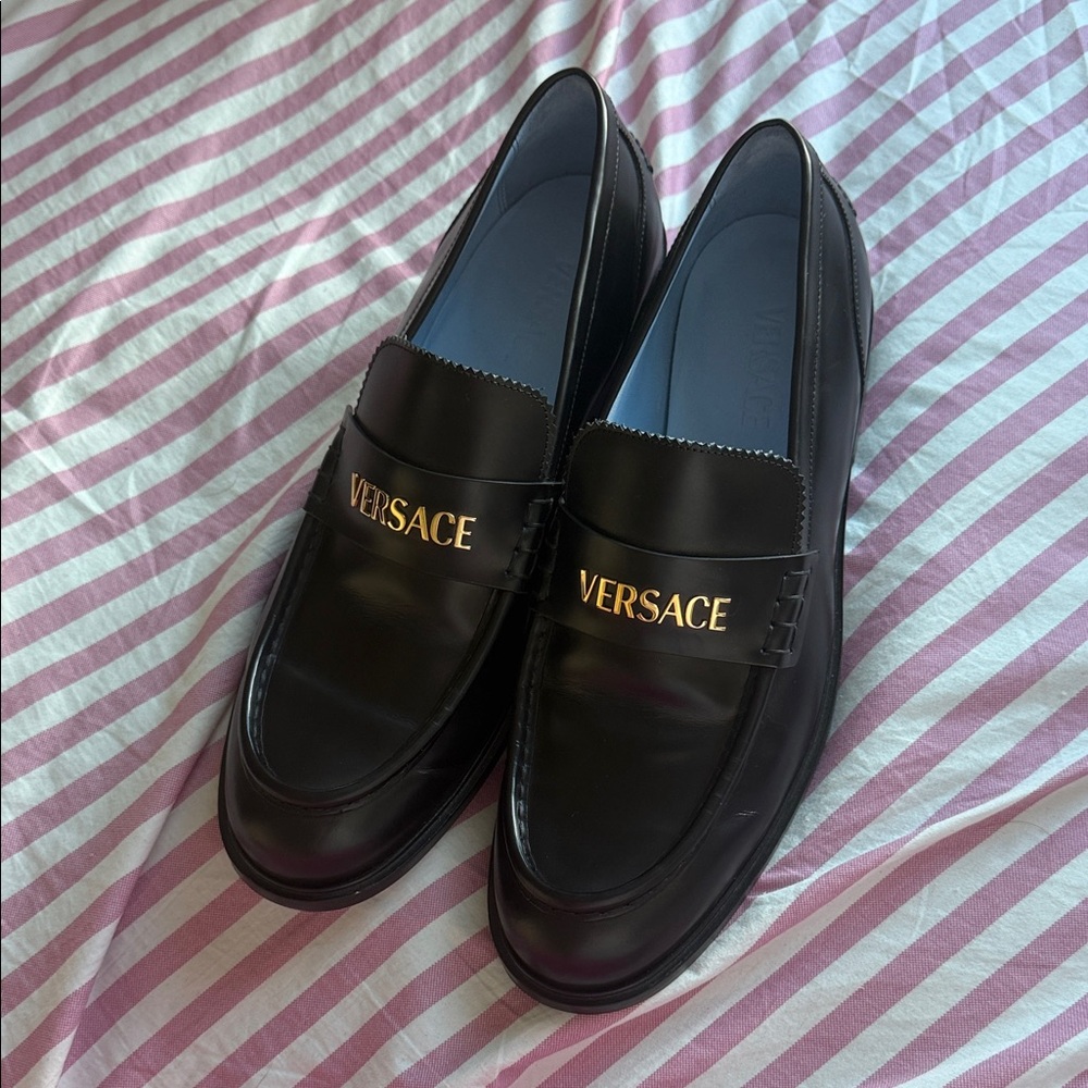 Versace Black Leather Loafers with Gold Logo – Men’s Size 12 (Made in Italy)